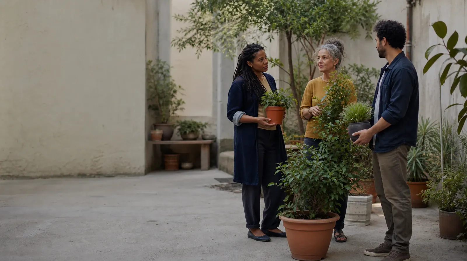 Language and Accessibility Questions for Wilton Manors, FL | Three adults pause while tending plants in a courtyard Three adults pause while tending plants in a courtyard · Language and Accessibility Questions for Wilton Manors, FL