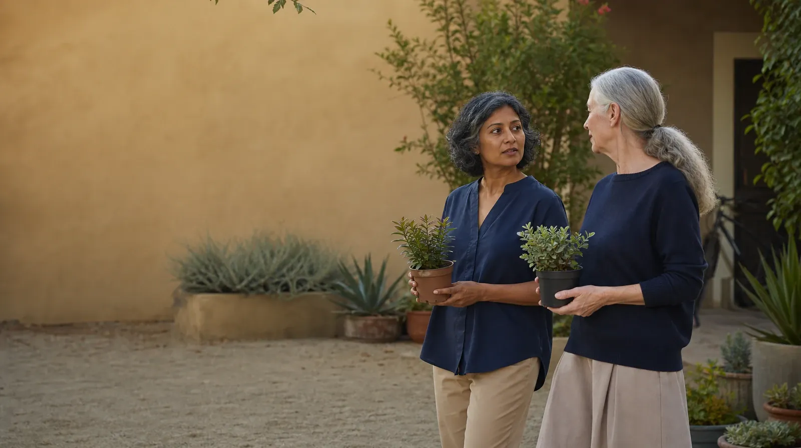 Two adults pause with small plants in a courtyard · Planning Time Away for Treatment for Windley Key, FL Residents