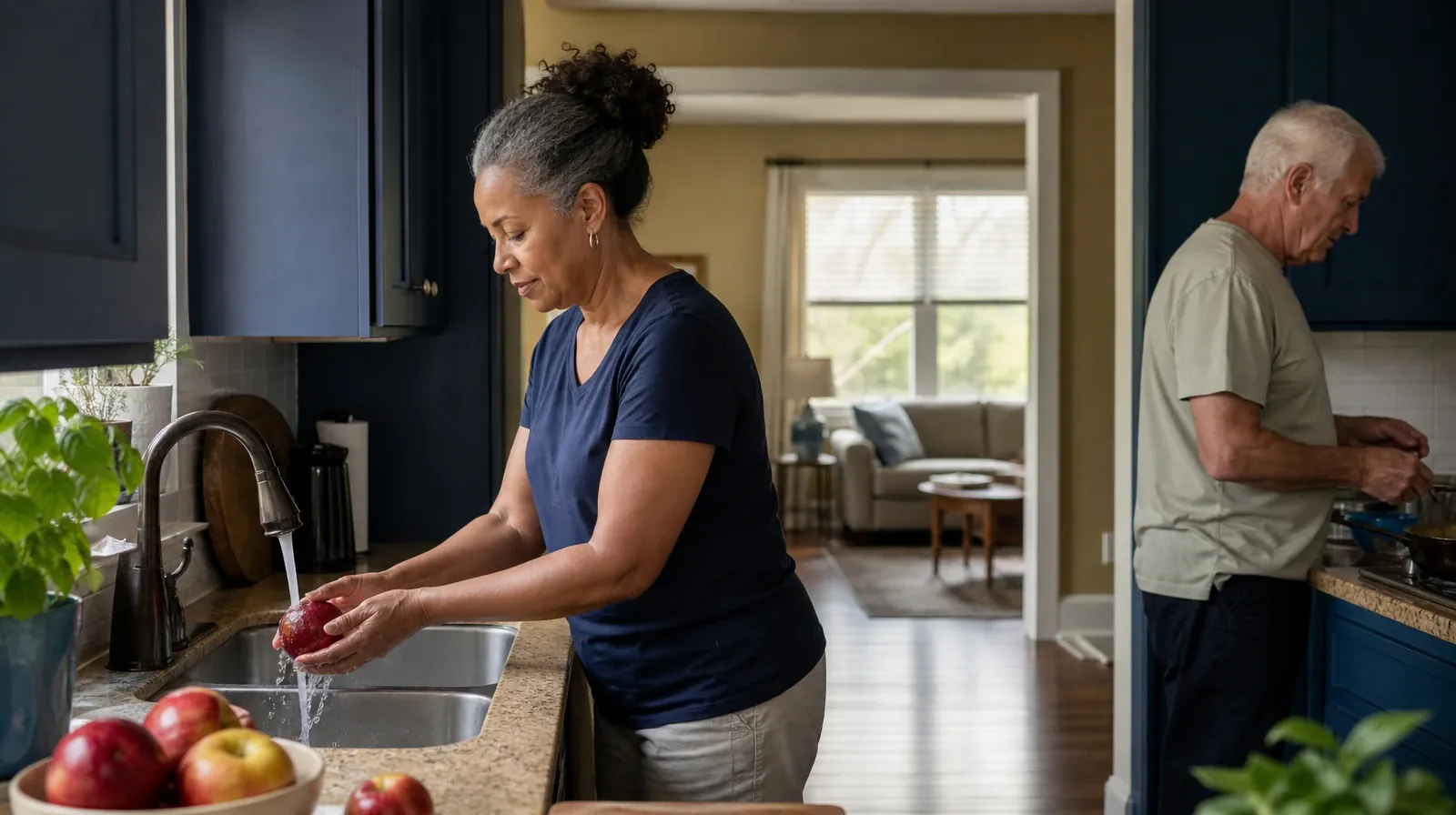 An adult rinses an apple at a kitchen sink · Asking for Practical Help With Adderall Use in South Florida