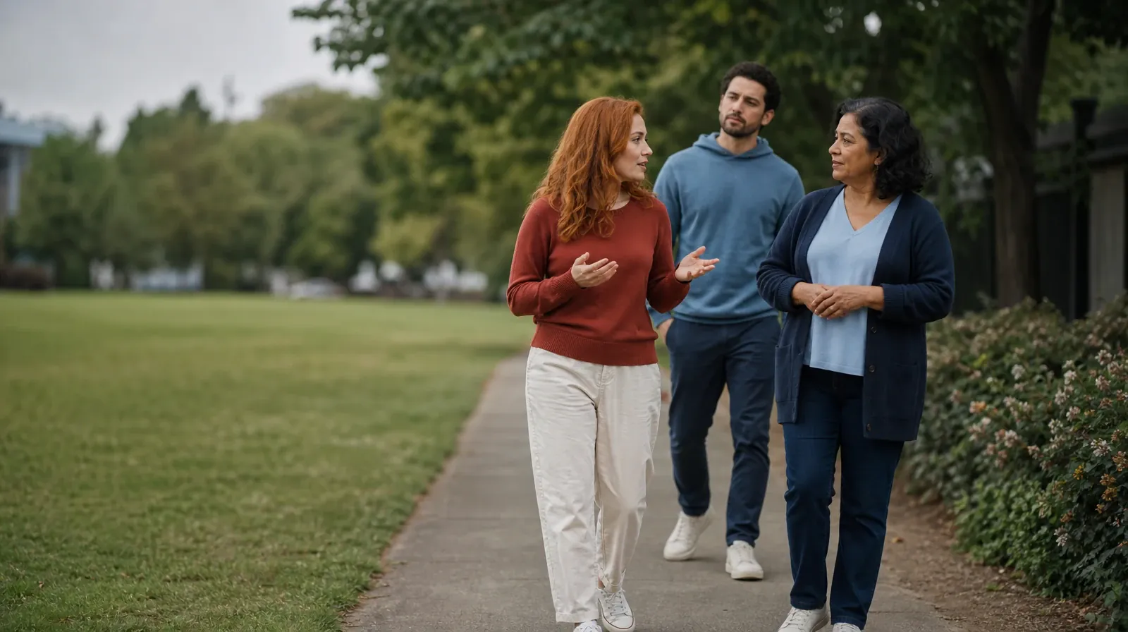 Three adults walk and talk on an unmarked neighborhood… · Reviewing a Care Recommendation for Adderall Use in South Florida