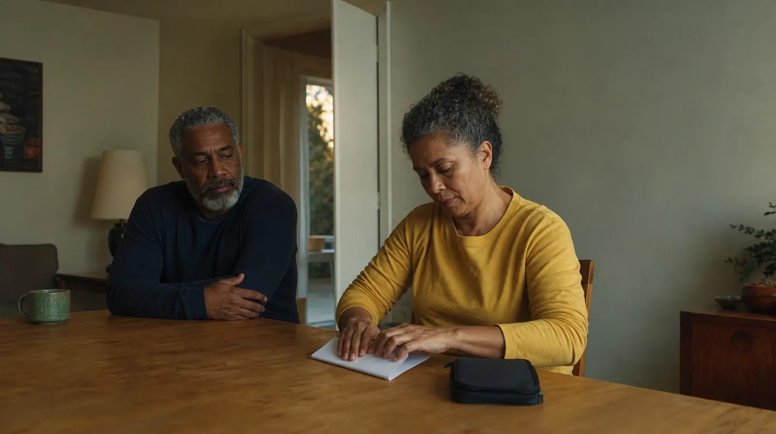 An adult folds blank paper beside a closed pen case · Family Conversations After Treatment for Alcohol Use