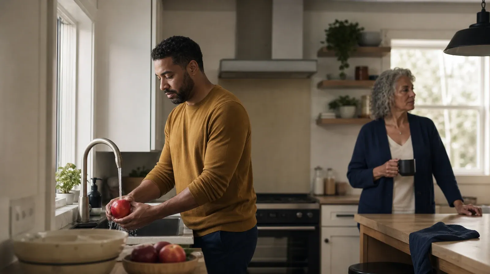 An adult rinses an apple at a kitchen sink · Keeping Appointments During Recovery From Ativan Use