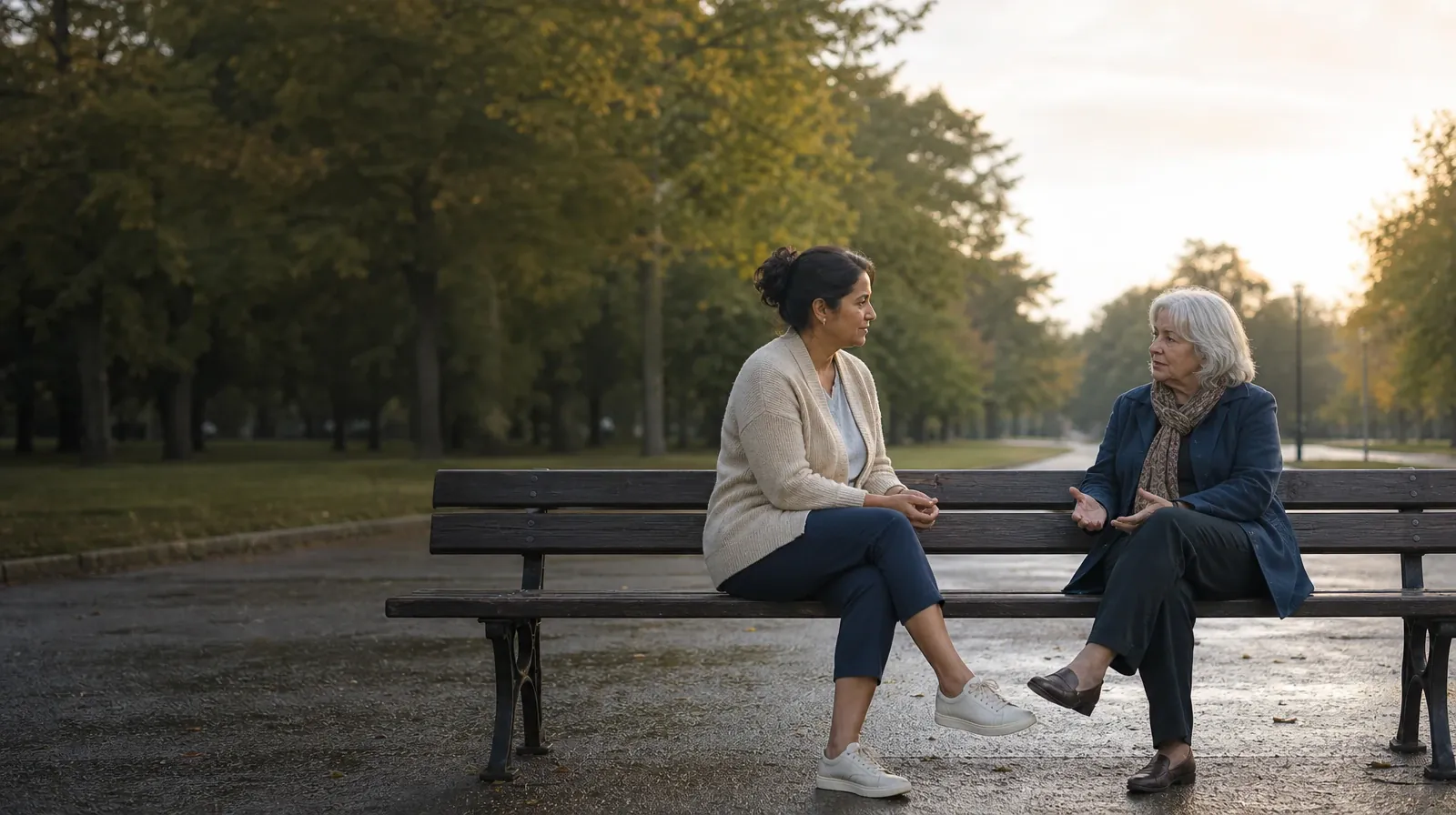 Two adults sit on an outdoor bench and talk · Reconnecting With Support After Barbiturates Use in South Florida