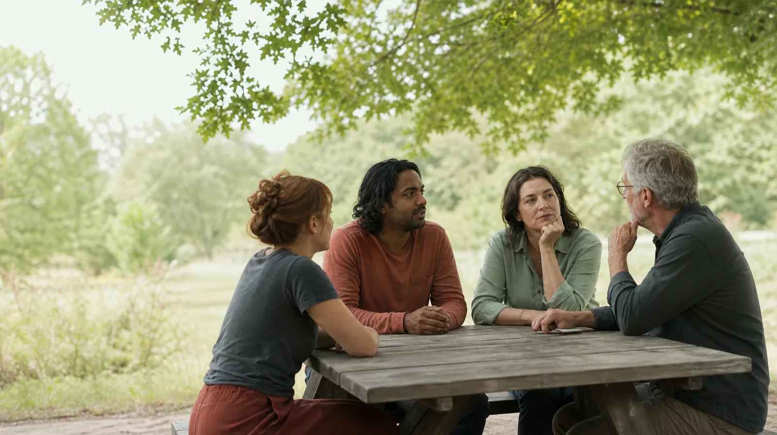Four adults share an informal outdoor conversation · Telling Someone You Trust About Barbiturates Use in South Florida