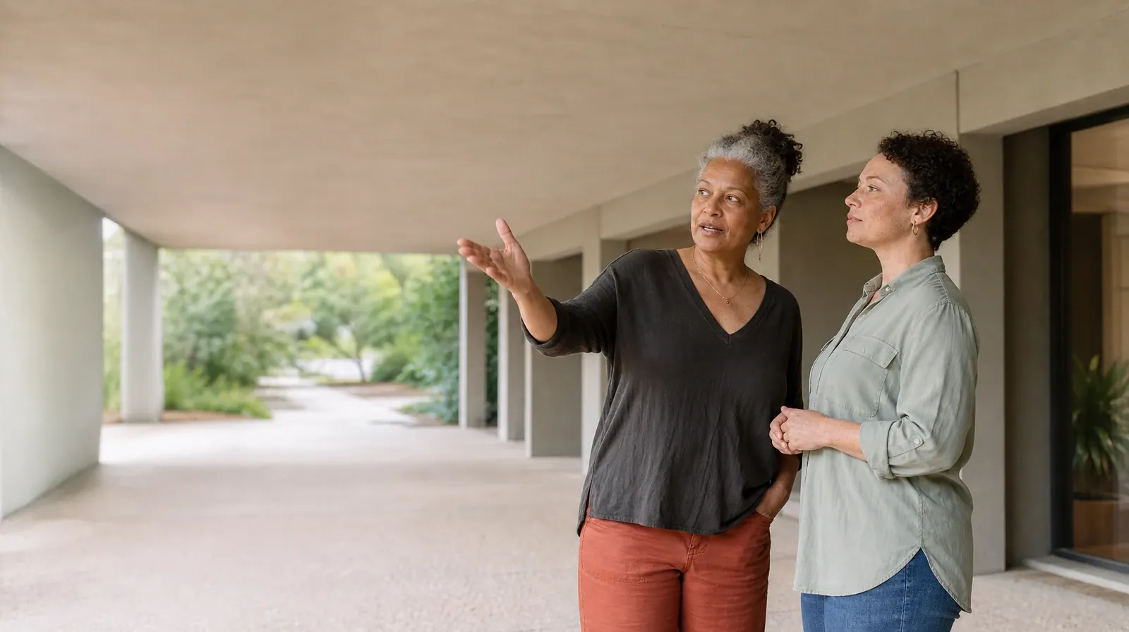 Reconnecting With Support After Benzodiazepines Use | Two adults talk beneath a covered walkway Two adults talk beneath a covered walkway · Reconnecting With Support After Benzodiazepines Use