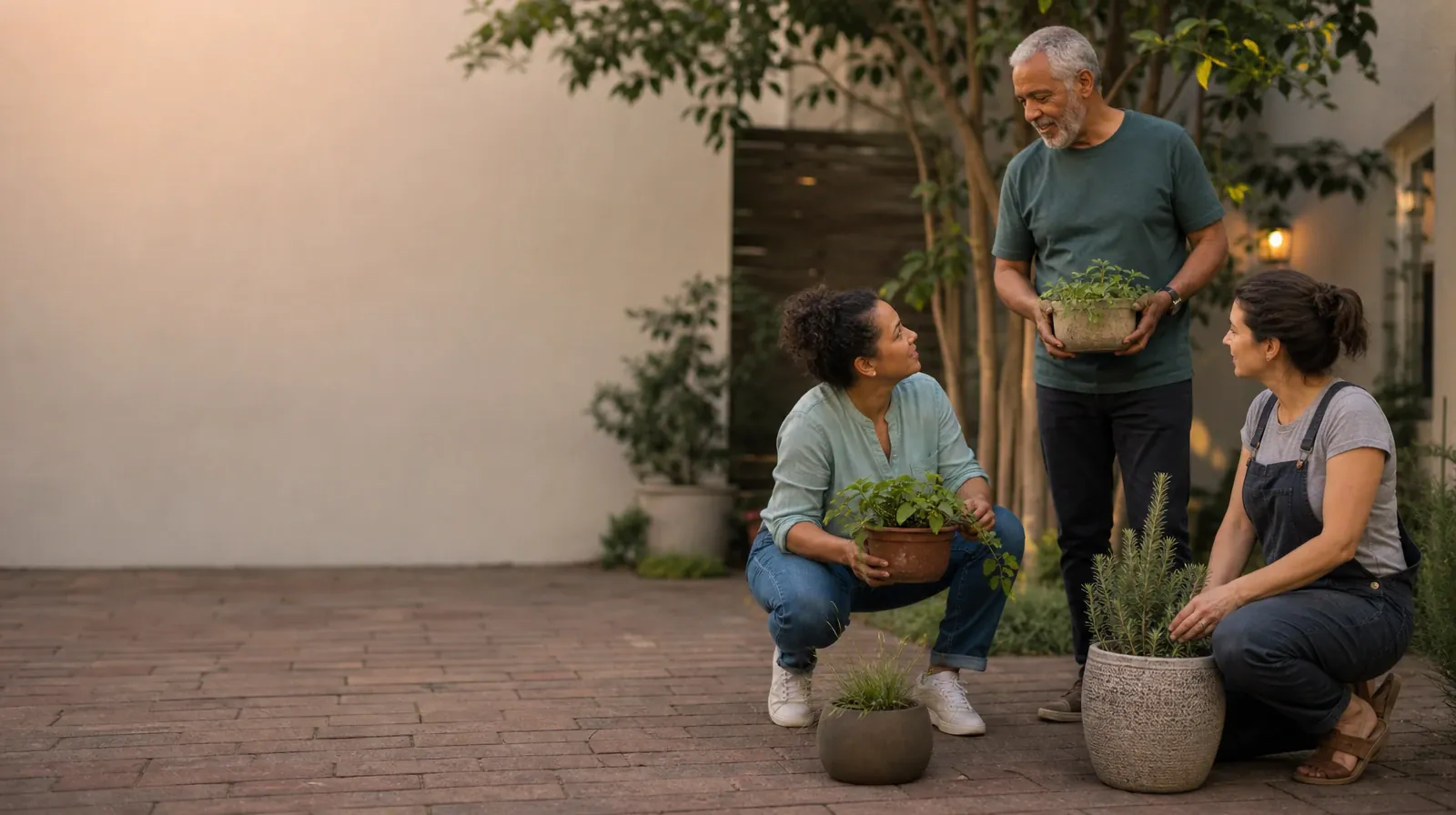 Telling Someone You Trust About Benzodiazepines Use | Three adults pause while tending plants in a courtyard Three adults pause while tending plants in a courtyard · Telling Someone You Trust About Benzodiazepines Use