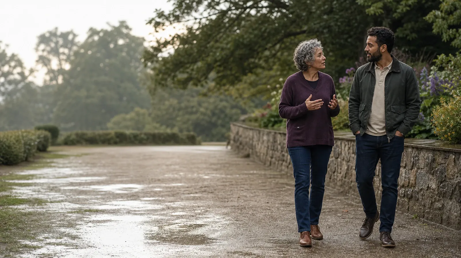 When Your Goals for Change Are Unclear With Benzodiazepines Use | Two adults walk and talk beside a garden wall Two adults walk and talk beside a garden wall · When Your Goals for Change Are Unclear With Benzodiazepines Use