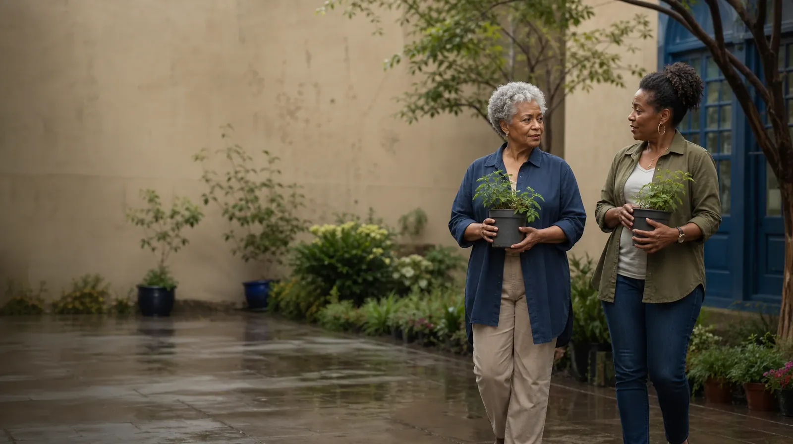 Two adults pause with small plants in a courtyard · Weekends and Recovery From Cocaine Use in South Florida