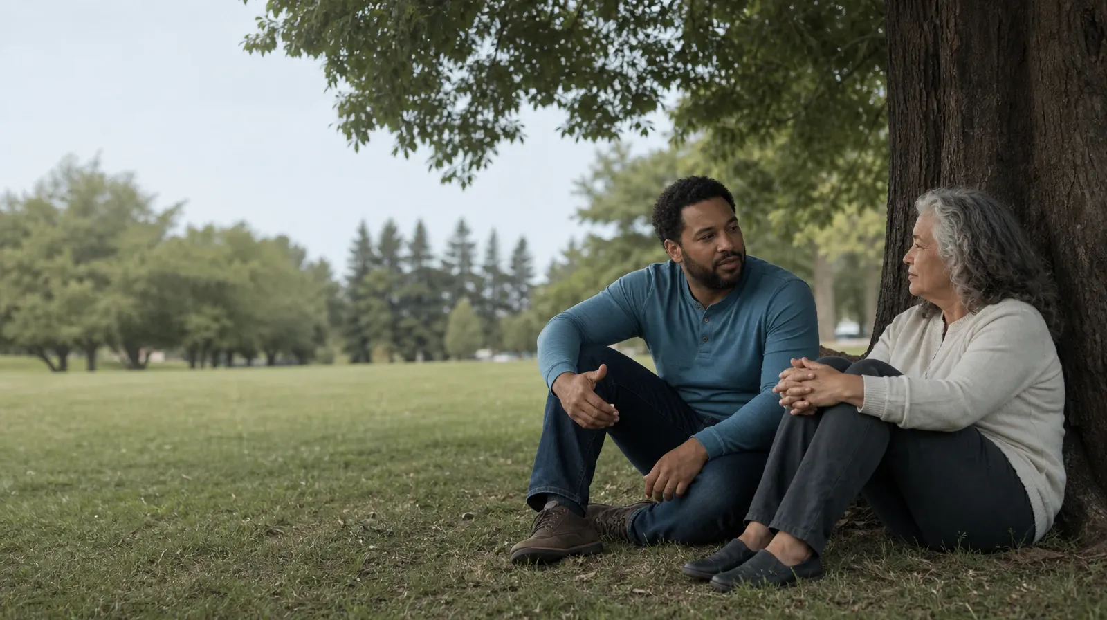 Two adults talk beneath a tree at a public green · Asking for Practical Help With Codeine Use in South Florida