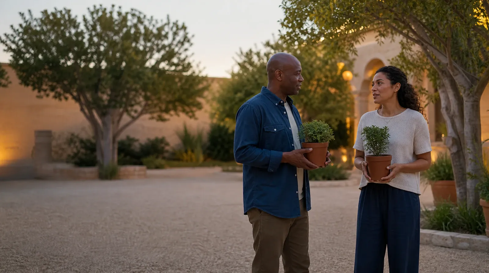 Holidays and Boundaries Around Codeine Use in South Florida | Two adults pause with small plants in a courtyard Two adults pause with small plants in a courtyard · Holidays and Boundaries Around Codeine Use in South Florida