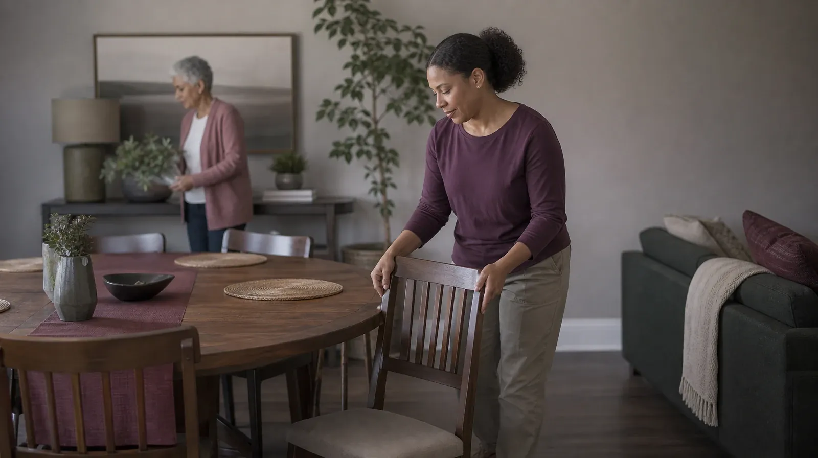 An adult straightens a chair at a cleared table · Keeping Appointments During Recovery From Codeine Use