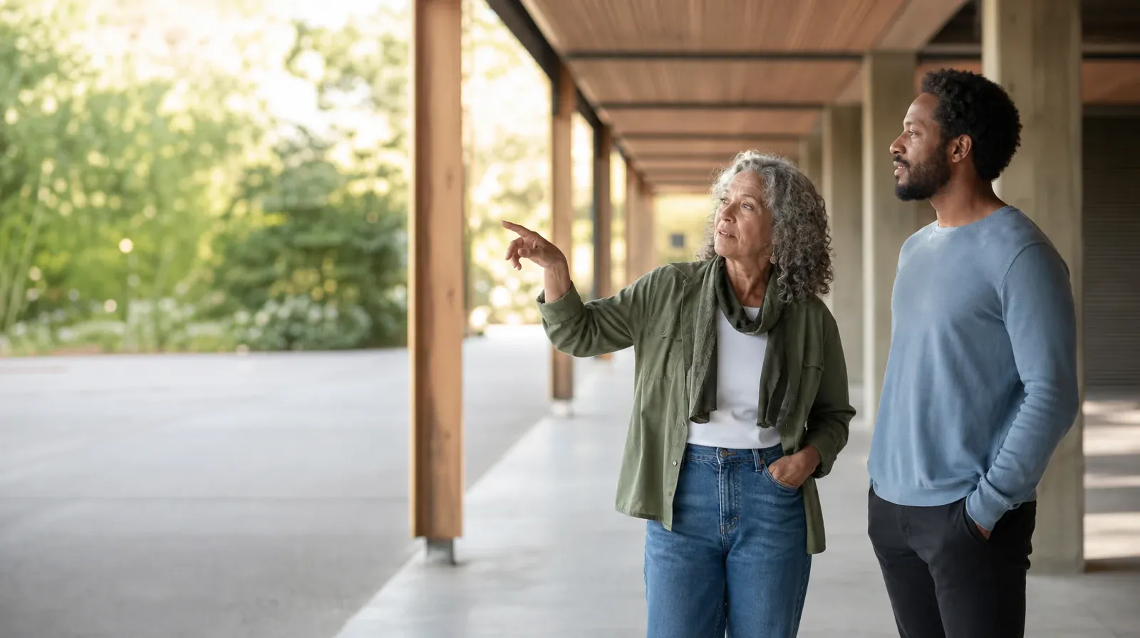 Family Conversations After Treatment for Fentanyl Use | Two adults talk beneath a covered walkway Two adults talk beneath a covered walkway · Family Conversations After Treatment for Fentanyl Use
