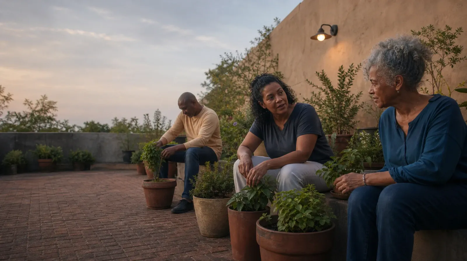 Three adults pause while tending plants in a courtyard · Keeping Appointments During Recovery From Fentanyl Use