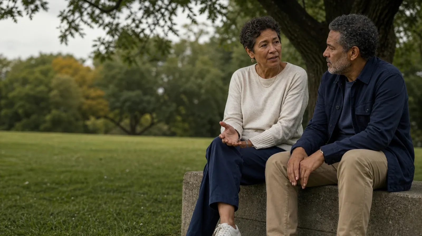 Two adults talk beneath a tree at a public green · Changing Social Routines Around Gabapentin Use in South Florida