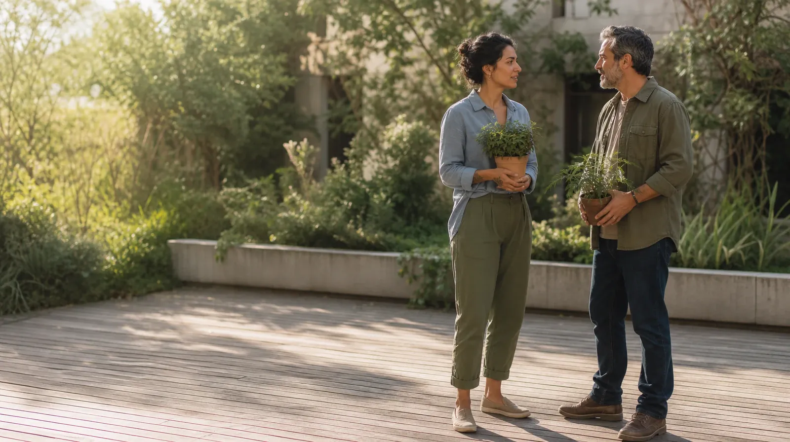 Two adults pause with small plants in a courtyard · Asking for Practical Help With GHB Use in South Florida