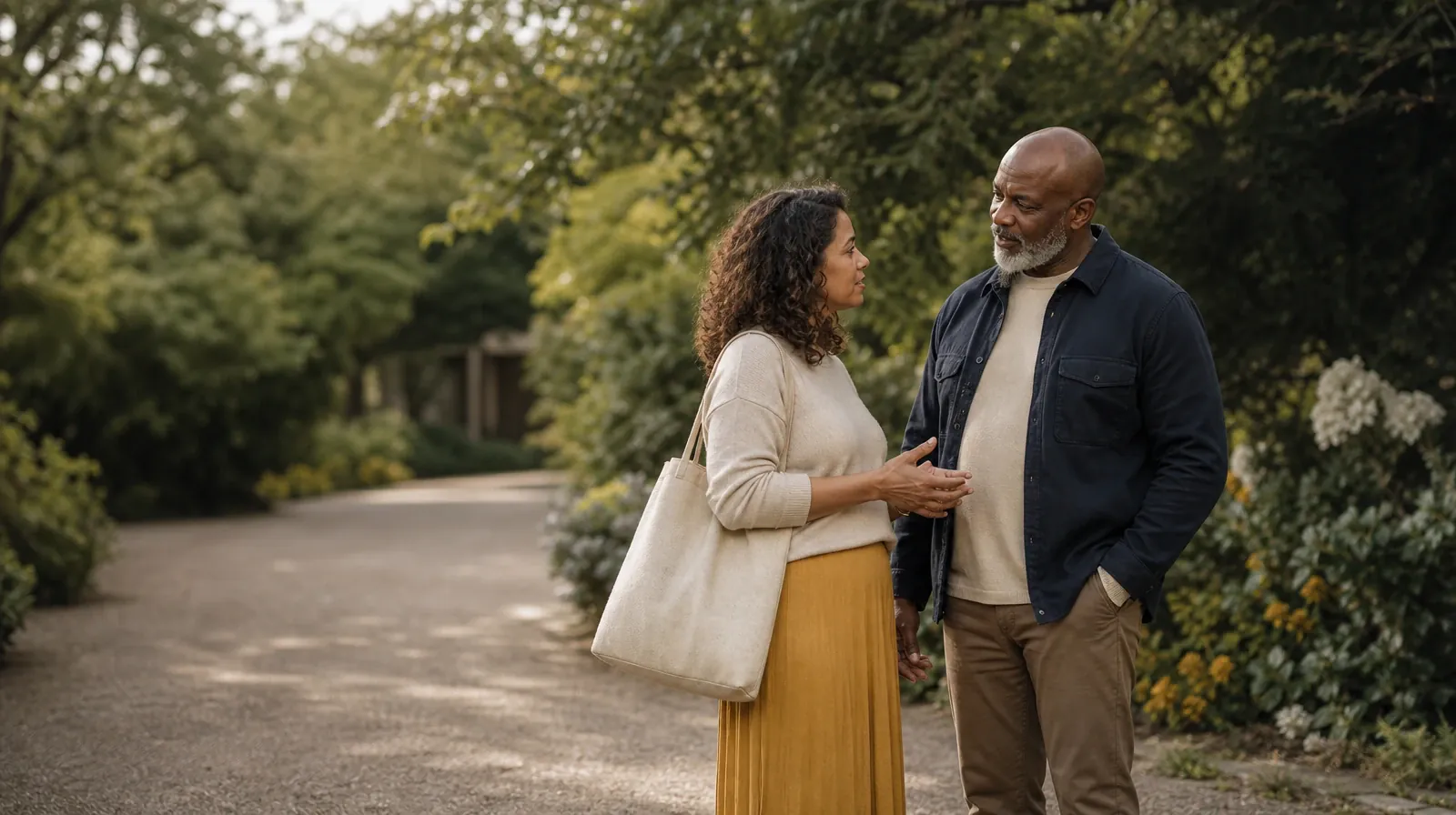 Two adults pause to talk on a broad garden path · Reconnecting With Support After GHB Use in South Florida