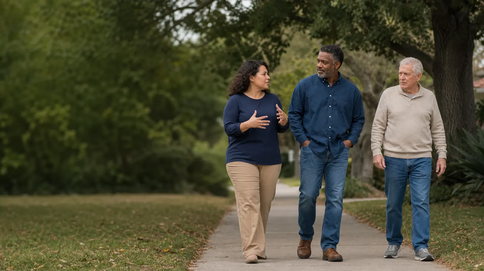 Three adults walk and talk on an unmarked neighborhood path · Telling Someone You Trust About GHB Use in South Florida