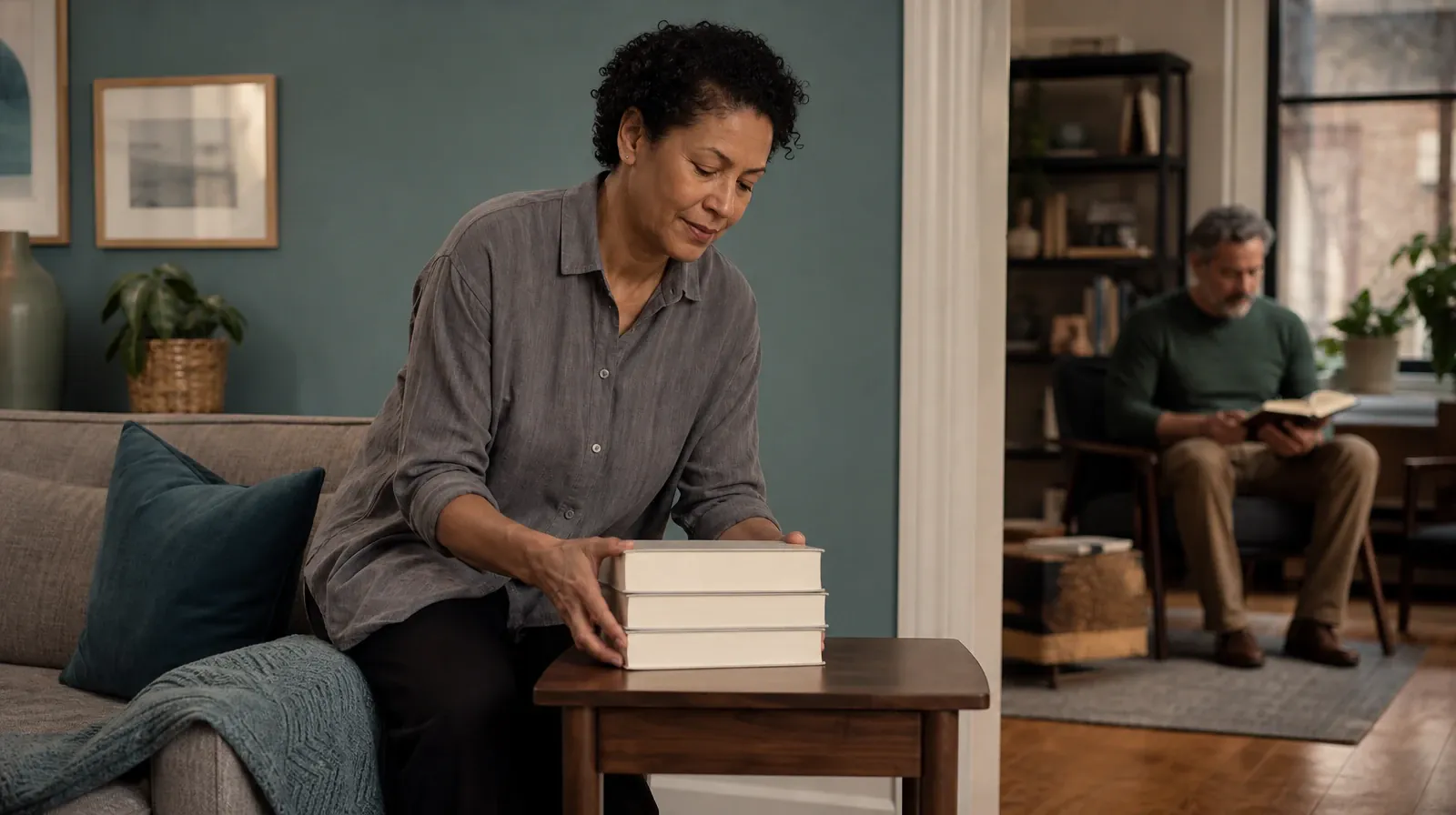 An adult stacks three plain books on a table · Reconnecting With Support After Hallucinogens Use