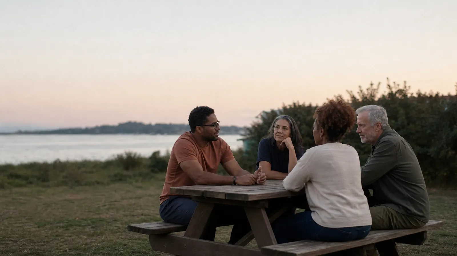 Reviewing a Care Recommendation for Hallucinogens Use | Four adults share an informal outdoor conversation Four adults share an informal outdoor conversation · Reviewing a Care Recommendation for Hallucinogens Use