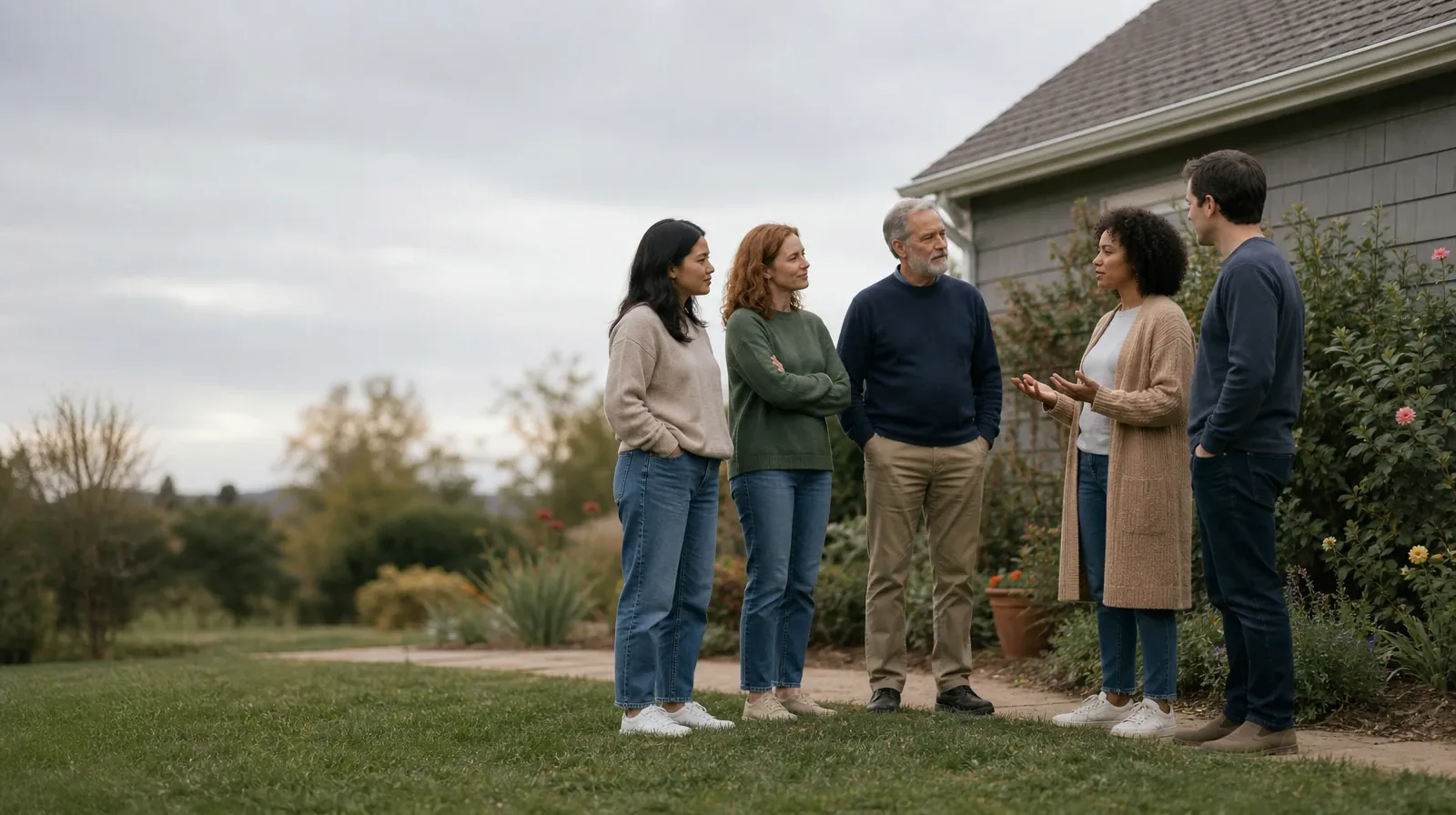 Five adults listen during an informal garden conversation · Choosing Follow-Up Questions About Hydrocodone Use