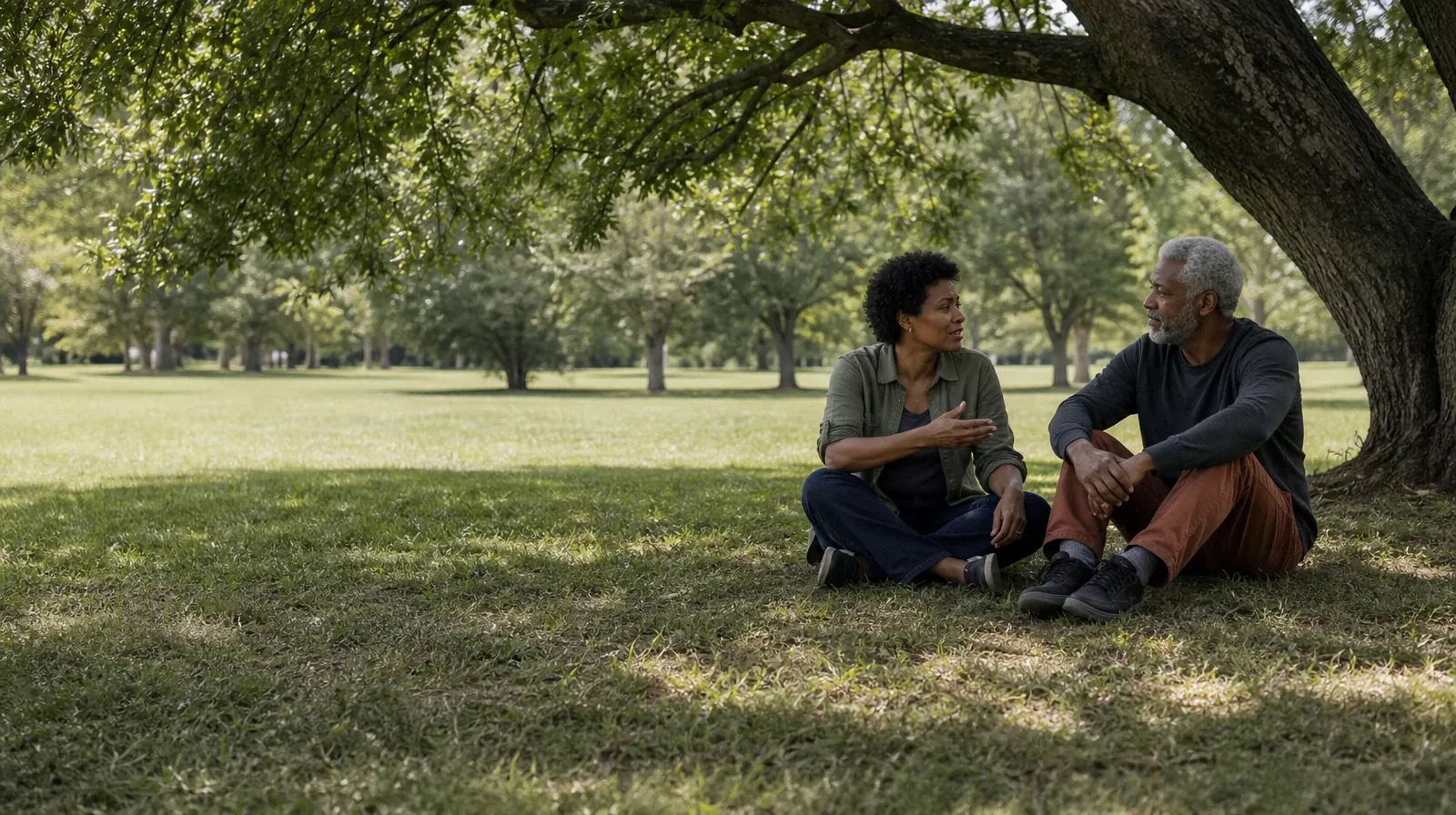 Two adults talk beneath a tree at a public green · Holidays and Boundaries Around Hydrocodone Use in South Florida