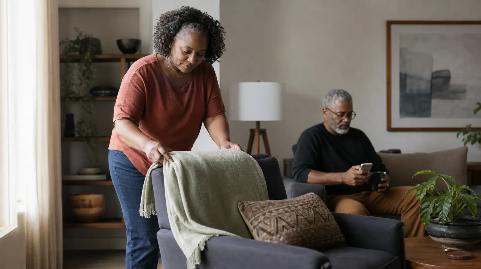 An adult folds a plain cotton throw over a chair · Reconnecting With Support After Hydrocodone Use in South Florida