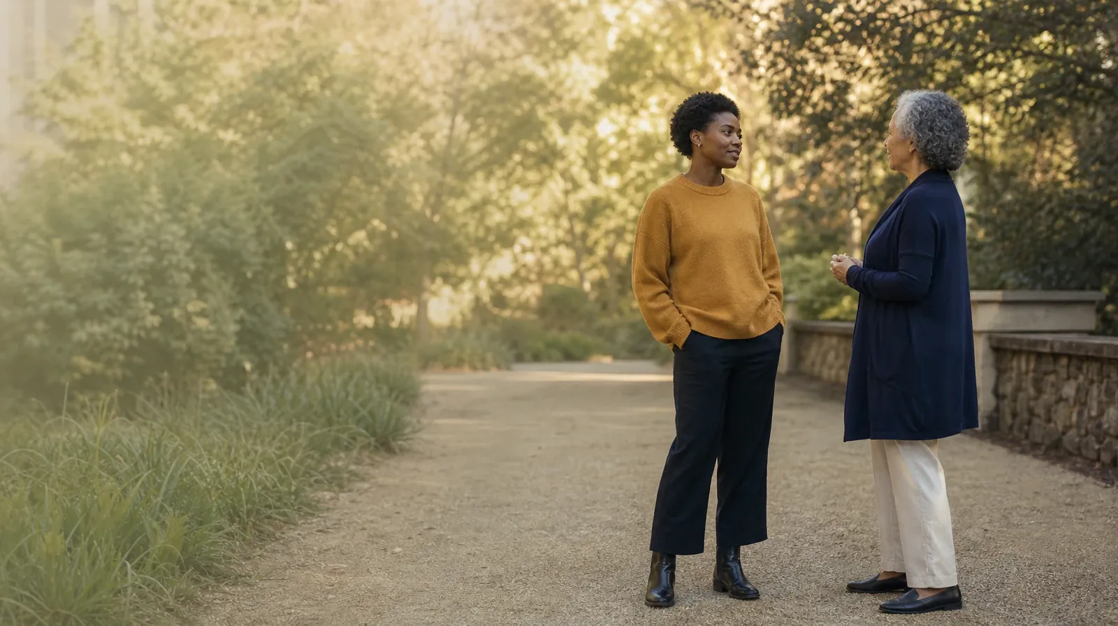 Follow-Up Questions About Hydromorphone Use | Two adults pause to talk on a broad garden path Two adults pause to talk on a broad garden path · Follow-Up Questions About Hydromorphone Use