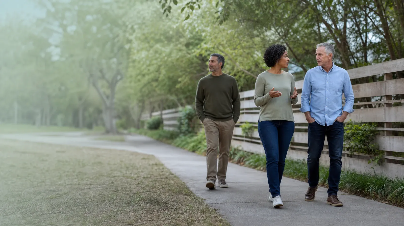 Three adults walk and talk on an unmarked neighborhood path · Weekends and Recovery From Hydromorphone Use in South Florida