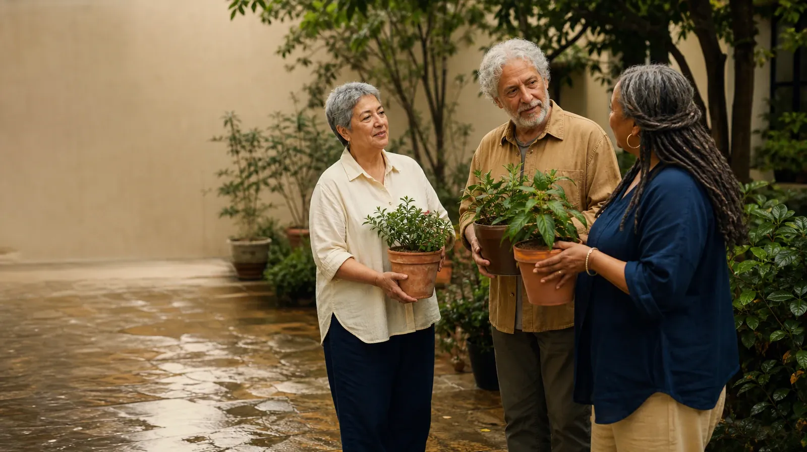 Telling Someone You Trust About Inhalants Use in South Florida | Three adults pause while tending plants in a courtyard Three adults pause while tending plants in a courtyard · Telling Someone You Trust About Inhalants Use in South Florida