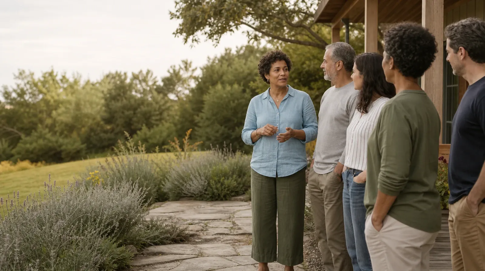 Five adults listen during an informal garden conversation · Holidays and Boundaries Around Ketamine Use in South Florida