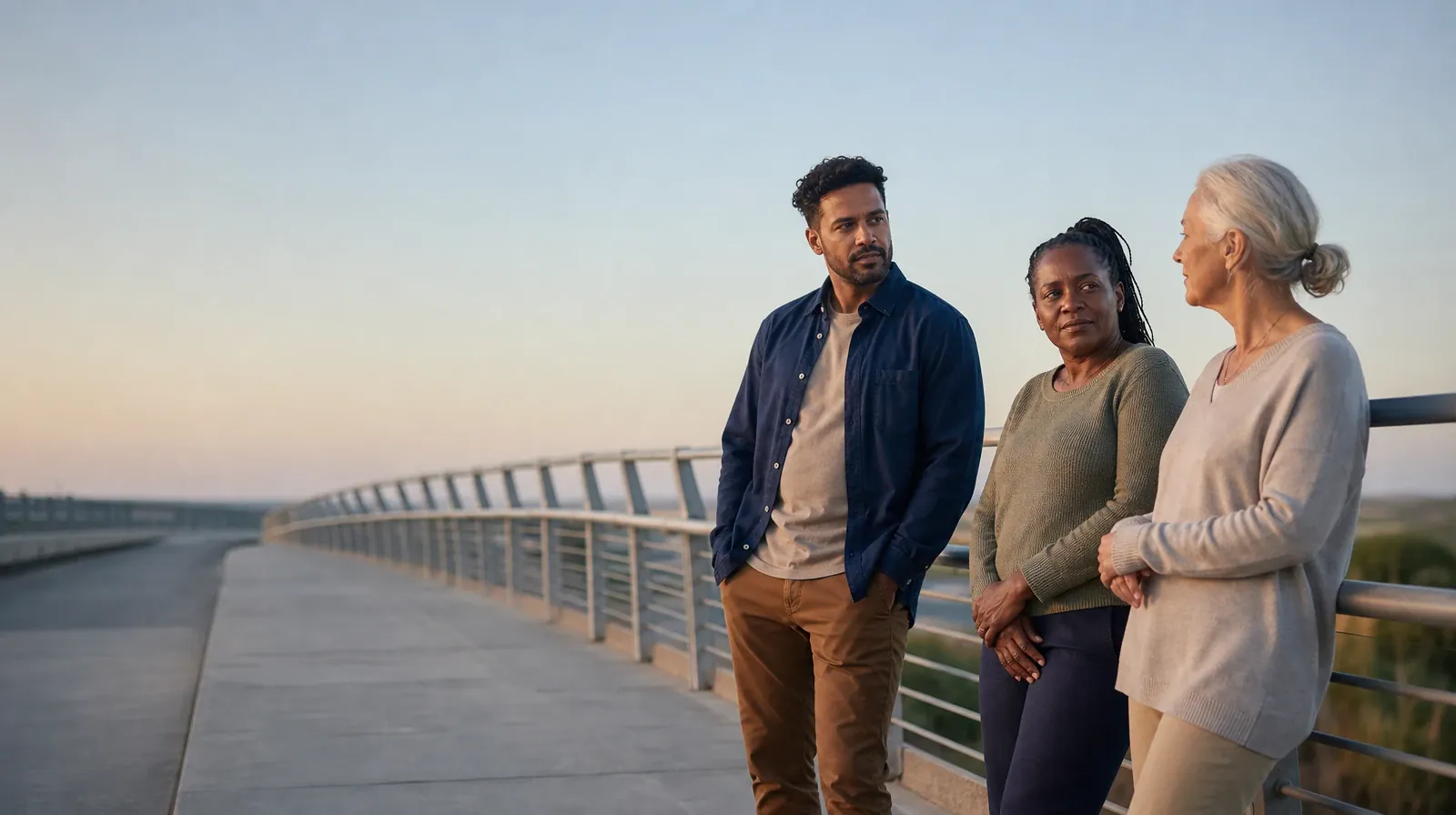 Family Conversations After Treatment for Klonopin Use | Three adults pause near an anonymous pedestrian bridge Three adults pause near an anonymous pedestrian bridge · Family Conversations After Treatment for Klonopin Use