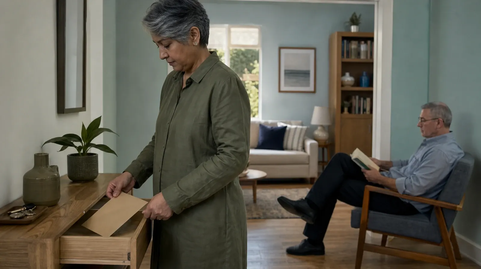 An adult places a plain sealed envelope in a drawer · Reconnecting With Support After Kratom Use in South Florida