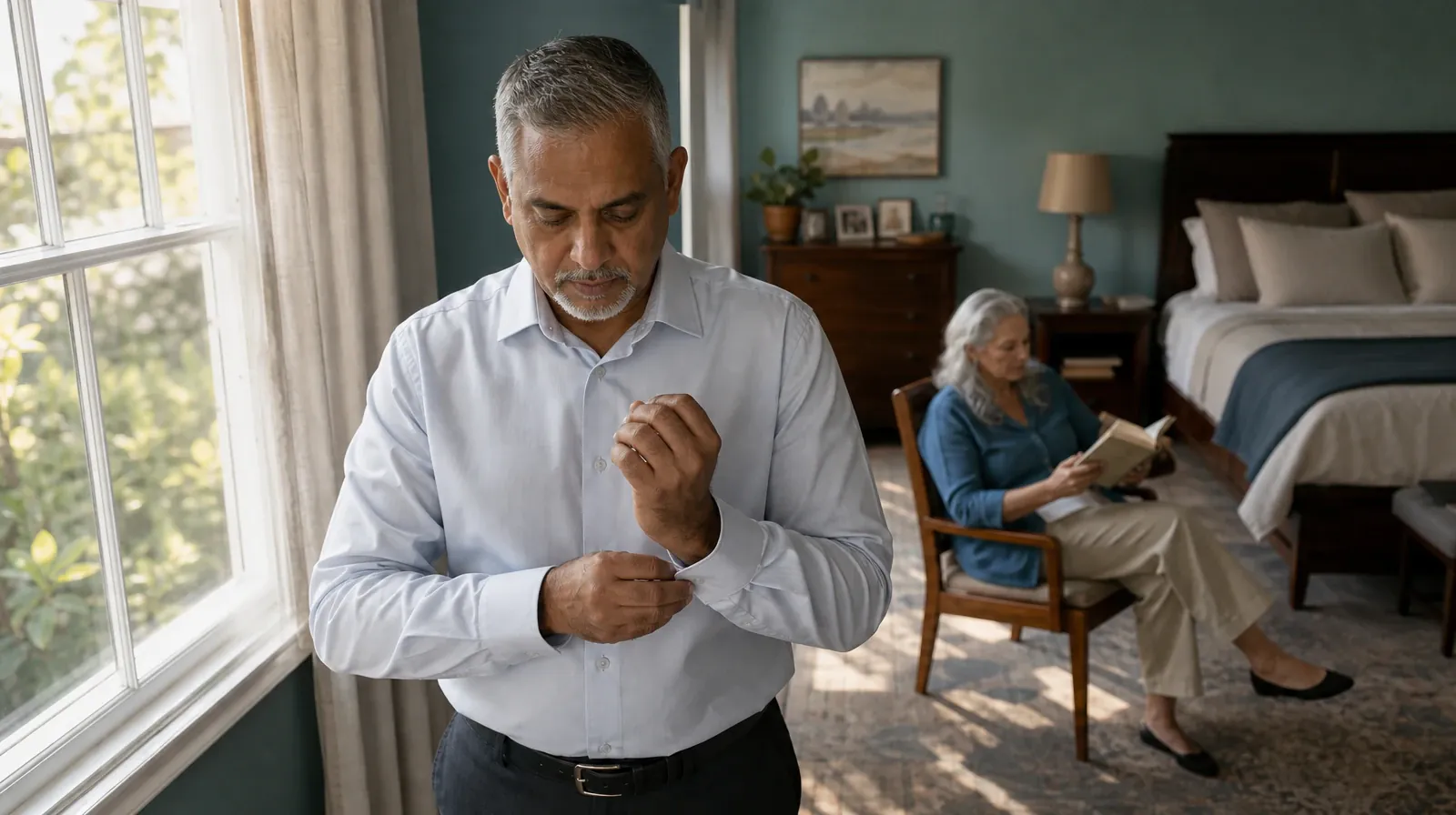 An adult buttons a shirt cuff near a window · When Your Goals for Change Are Unclear With Kratom Use