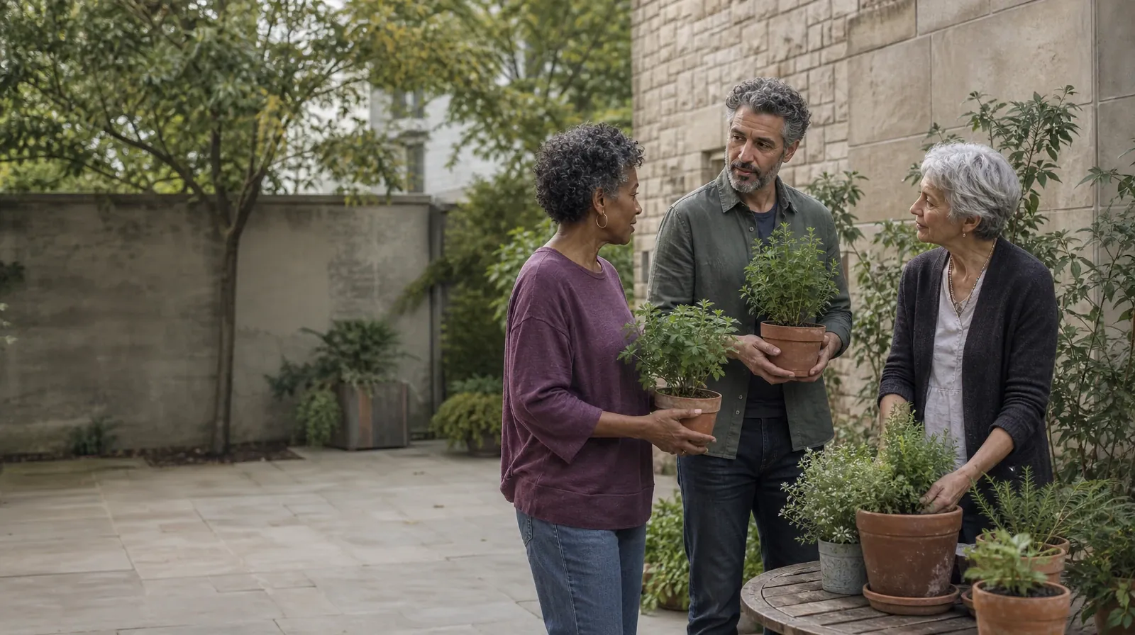 Three adults pause while tending plants in a courtyard · Reconnecting With Support After Lunesta Use in South Florida