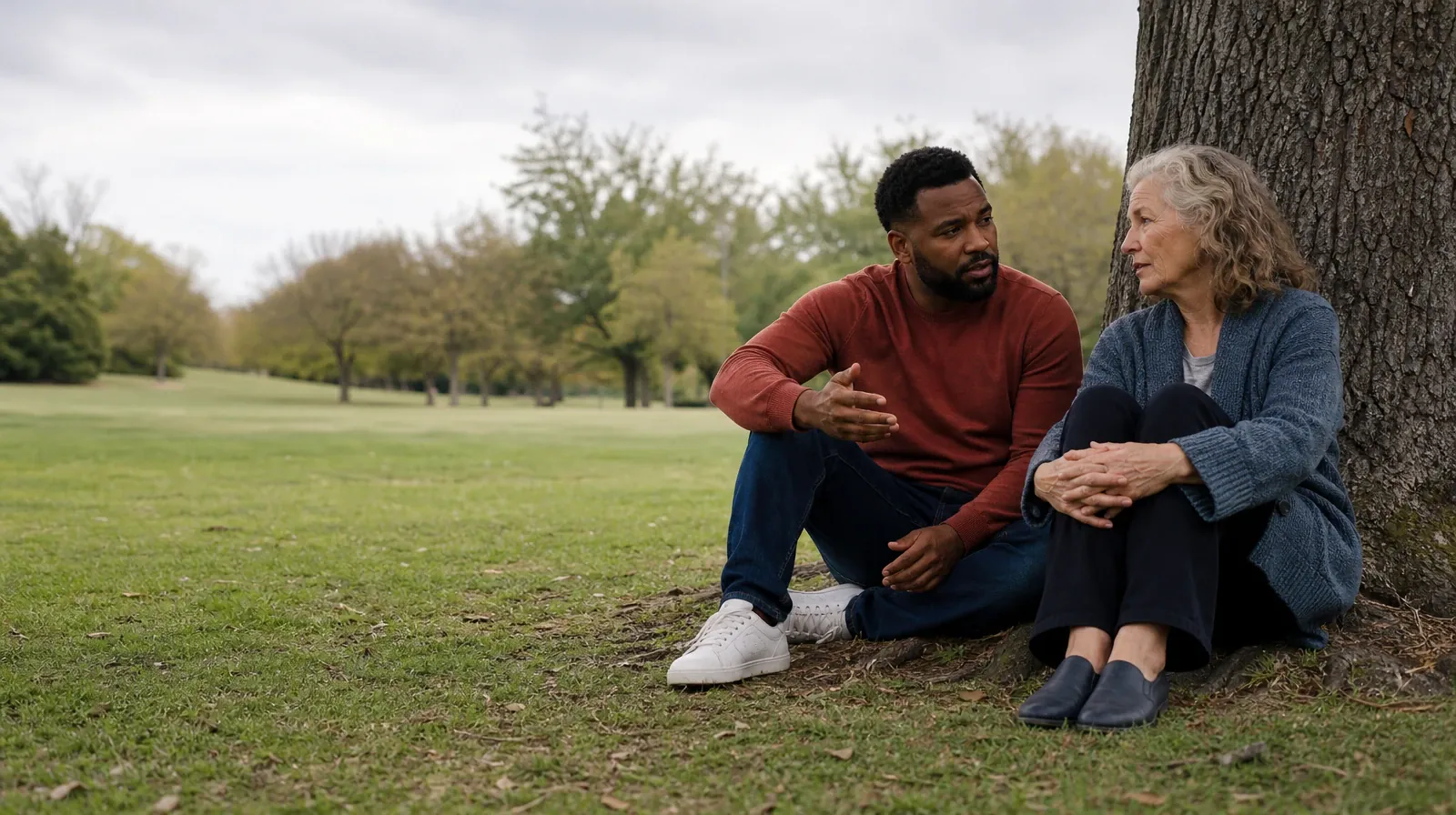 Two adults talk beneath a tree at a public green · Weekends and Recovery From Cannabis Use in South Florida