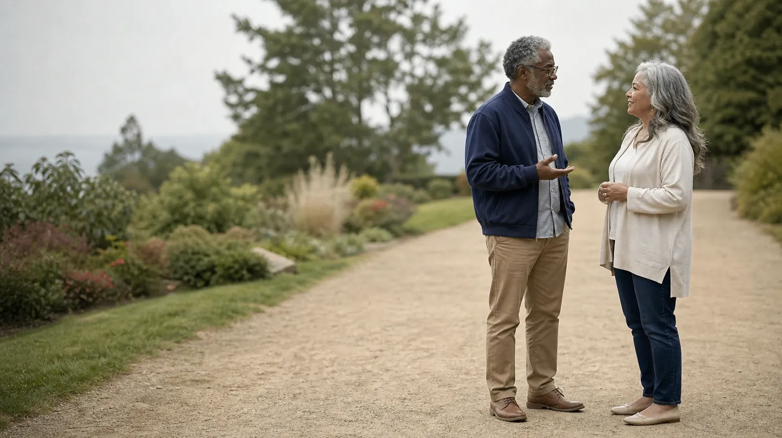 Two adults pause to talk on a broad garden path · Telling Someone You Trust About MDMA Use in South Florida