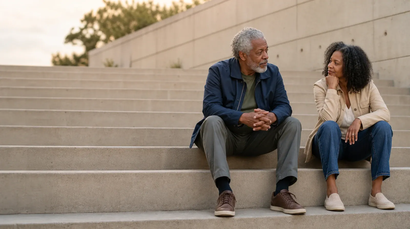 Two adults talk while seated on broad outdoor steps · Changing Social Routines Around Methamphetamine Use