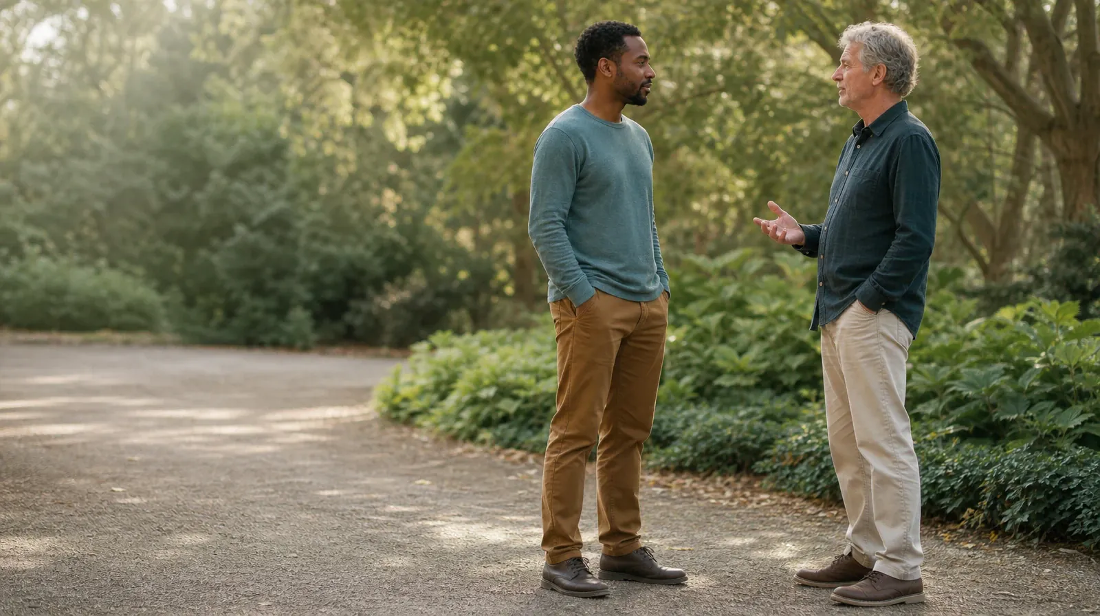Two adults pause to talk on a broad garden path · Holidays and Boundaries Around Methamphetamine Use