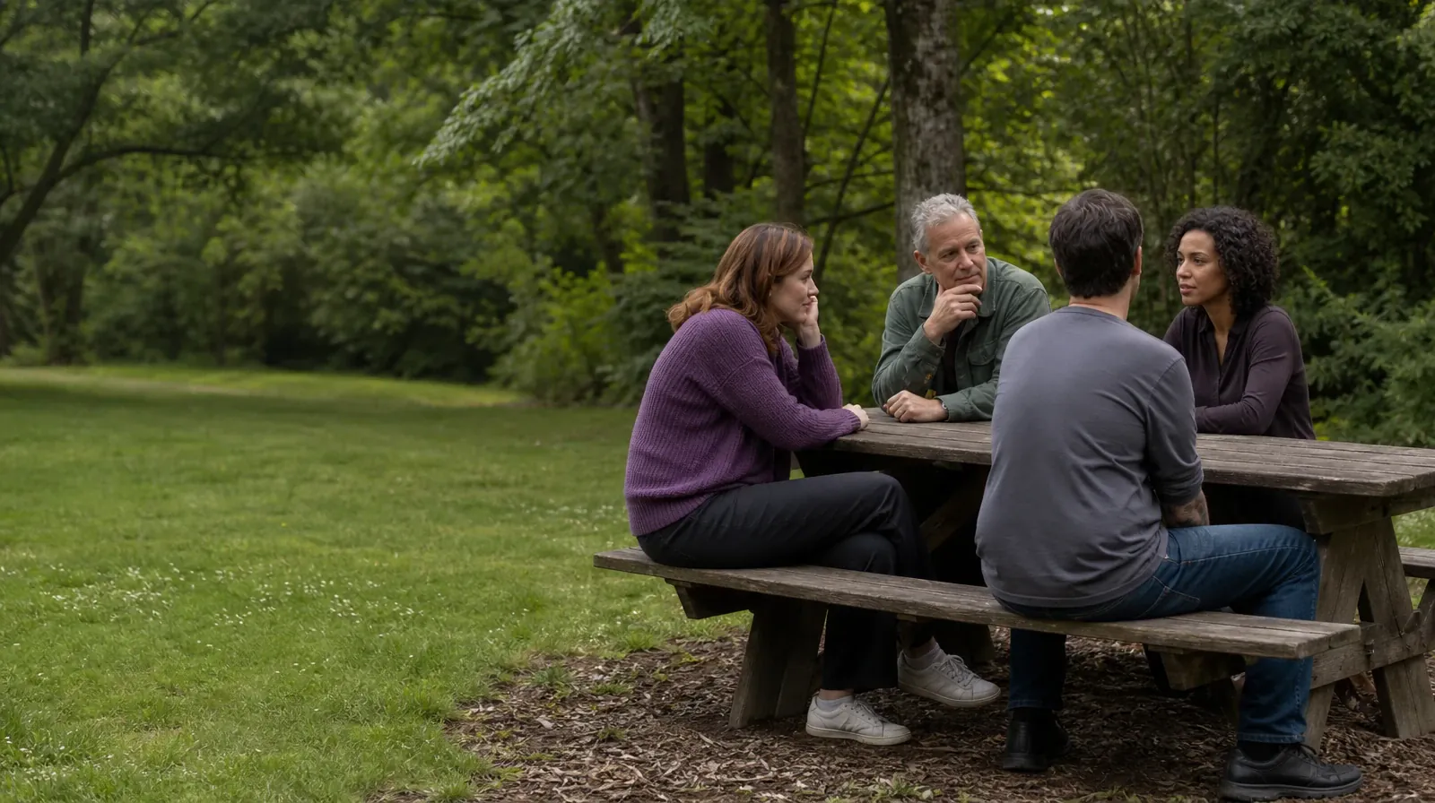 Four adults share an informal outdoor conversation · Weekends and Recovery From Methamphetamine Use in South Florida