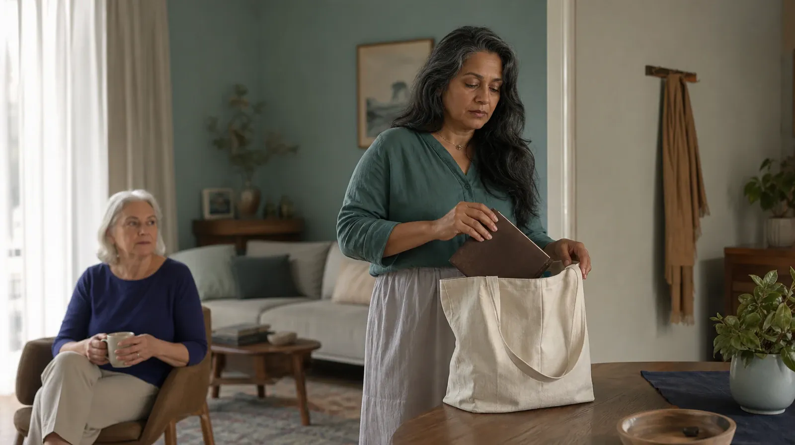 An adult places a closed journal in a fabric tote · Telling Someone You Trust About Morphine Use in South Florida