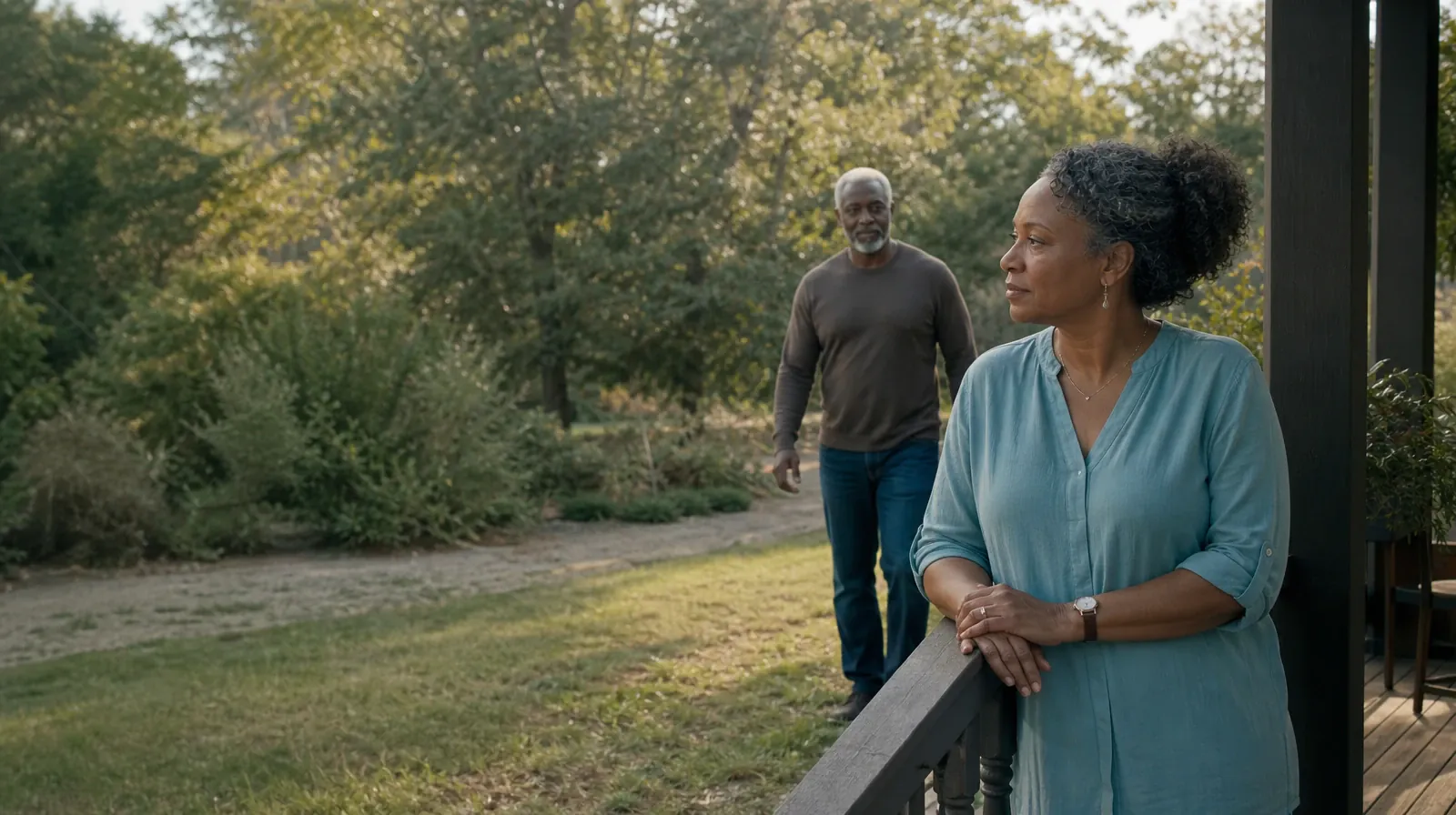 Two adults meet near a shaded porch · Family Conversations After Treatment for Nitrous oxide Use
