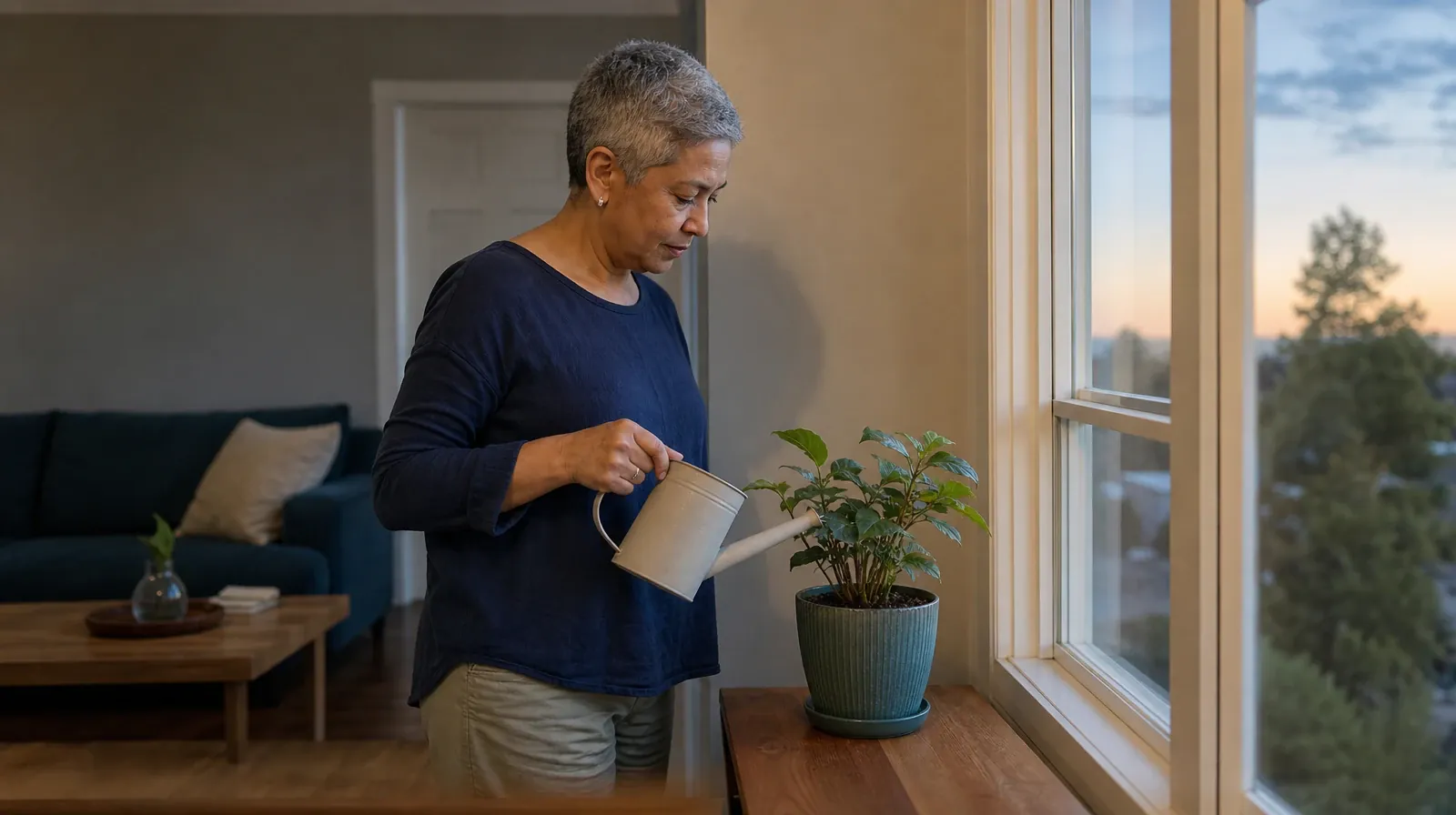 An adult waters a small houseplant by a window · Holidays and Boundaries Around Nitrous oxide Use in South Florida