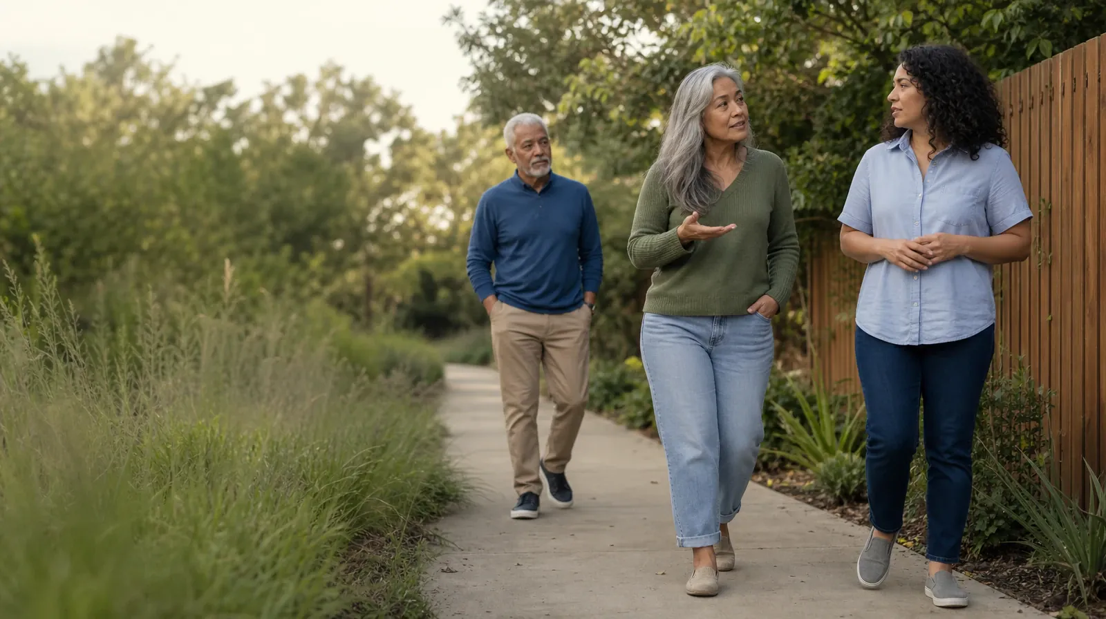 Changing Social Routines Around Oxycodone Use in South Florida | Three adults walk and talk on an unmarked neighborhood path Three adults walk and talk on an unmarked neighborhood path · Changing Social Routines Around Oxycodone Use in South Florida