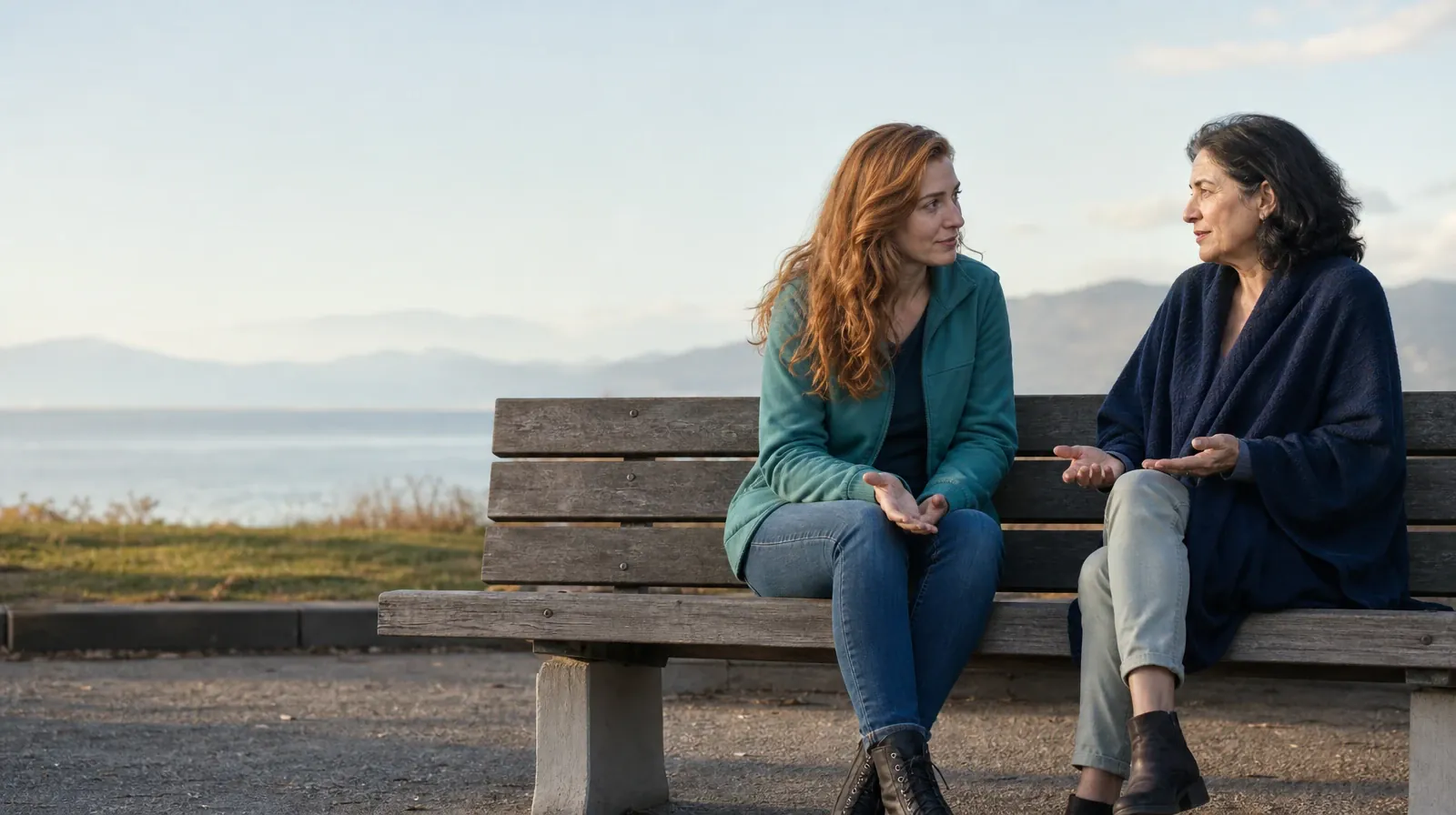 Family Conversations After Treatment for Oxycodone Use | Two adults sit on an outdoor bench and talk Two adults sit on an outdoor bench and talk · Family Conversations After Treatment for Oxycodone Use