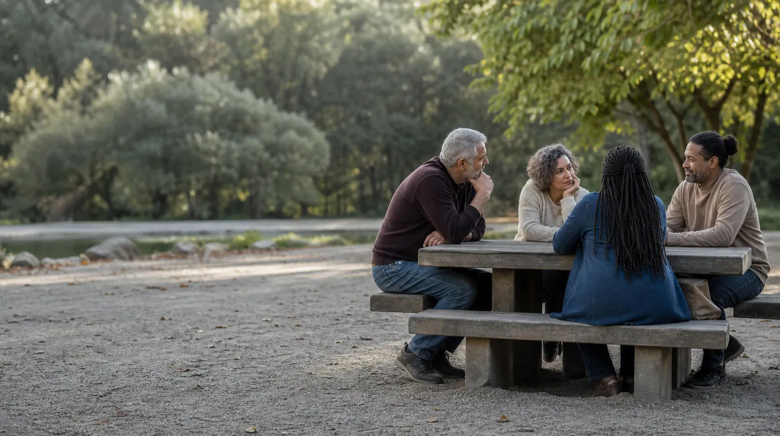 Four adults share an informal outdoor conversation · Keeping Appointments During Recovery From Oxycodone Use