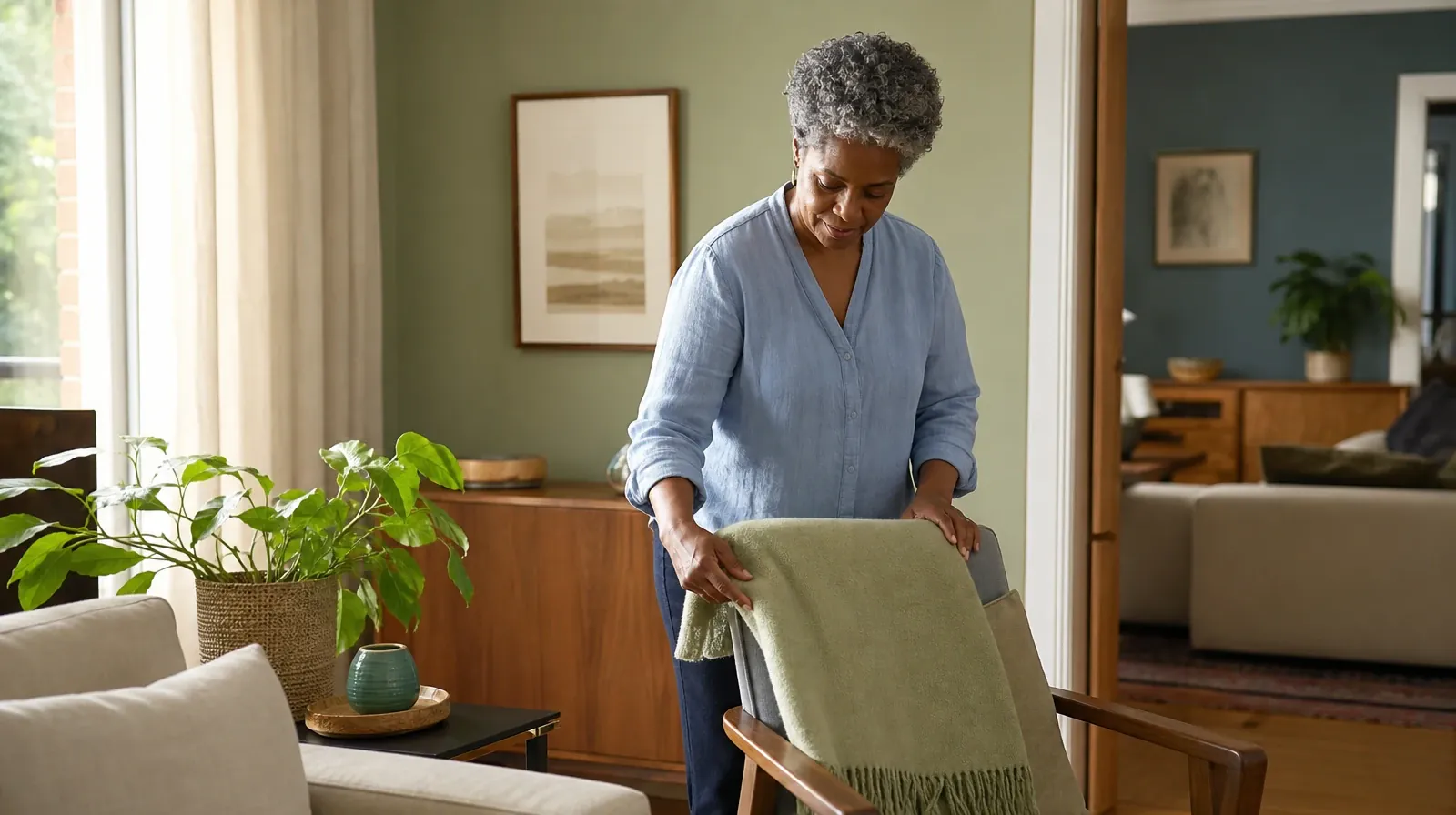 An adult folds a plain cotton throw over a chair · Preparing for a Medical Visit About Oxycodone Use