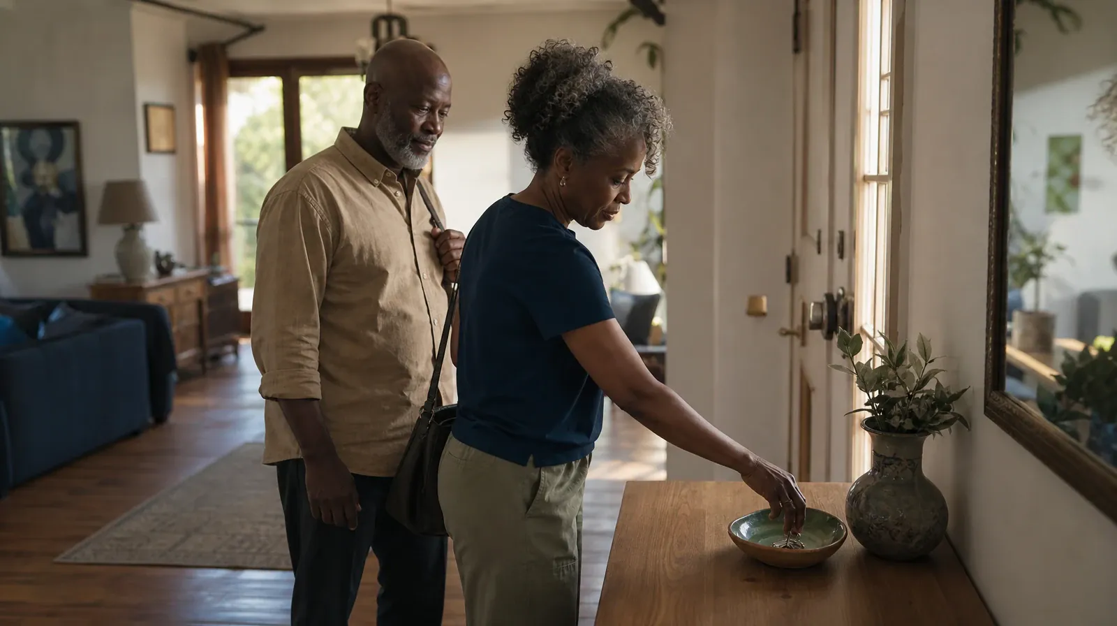 An adult places house keys into a small bowl · Reviewing a Care Recommendation for Oxycodone Use