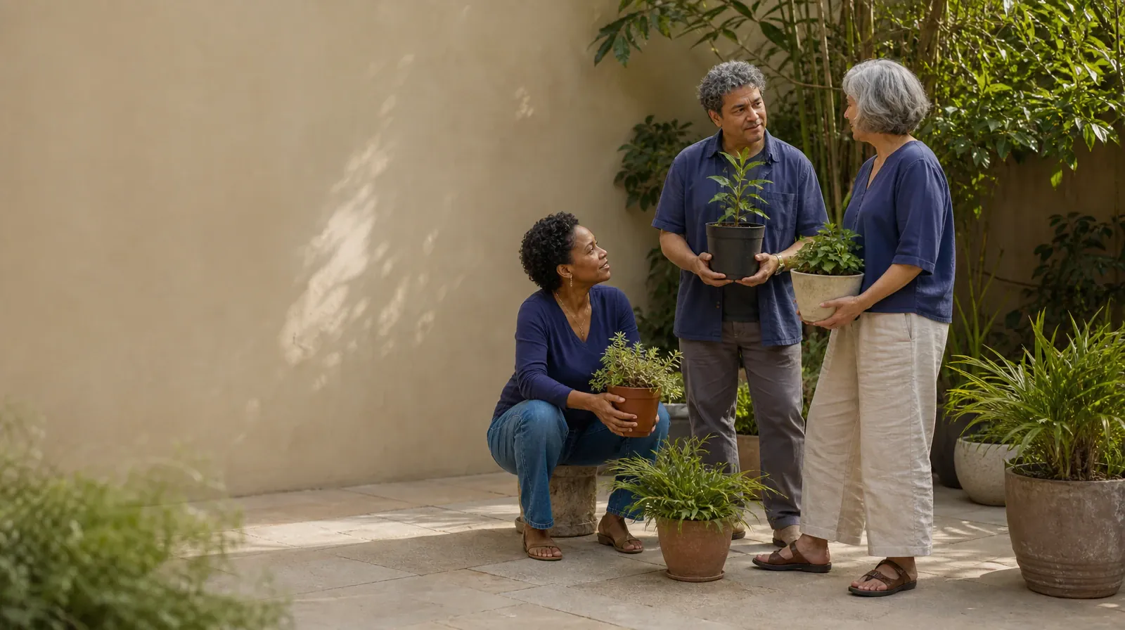 Keeping Appointments During Recovery From Percocet Use | Three adults pause while tending plants in a courtyard Three adults pause while tending plants in a courtyard · Keeping Appointments During Recovery From Percocet Use
