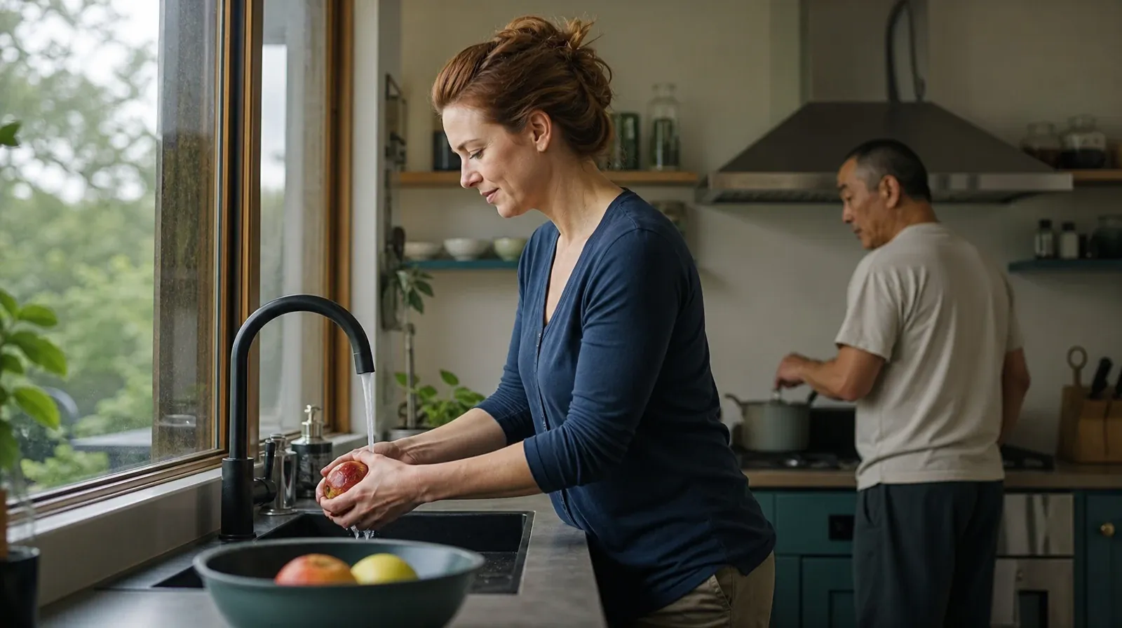 An adult rinses an apple at a kitchen sink · Weekends and Recovery From Percocet Use in South Florida