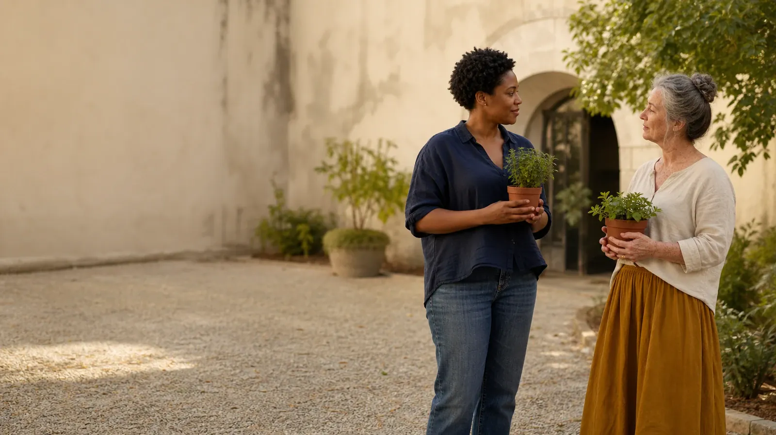 Keeping Appointments During Recovery From Polysubstance Use | Two adults pause with small plants in a courtyard Two adults pause with small plants in a courtyard · Keeping Appointments During Recovery From Polysubstance Use